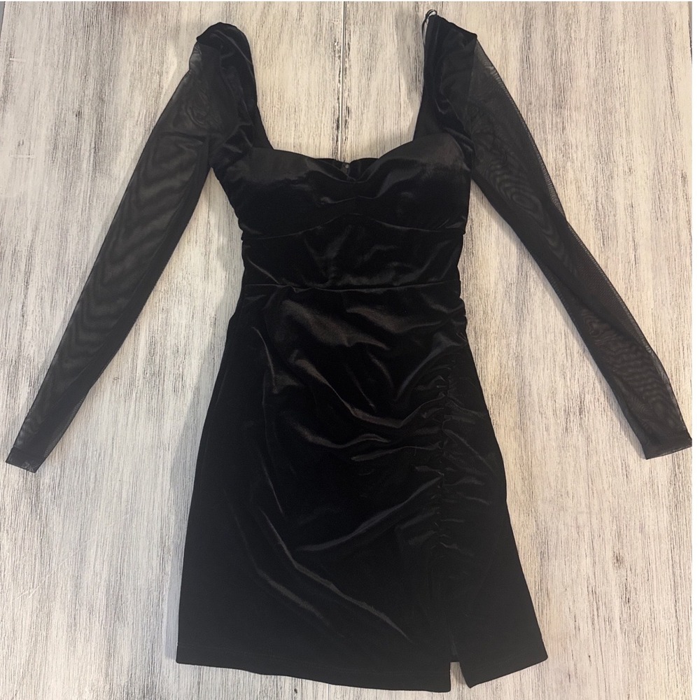 Windsor Black Velvet Mesh Long Sleeve Ruched Mini Dress BLACK Small NWT‎